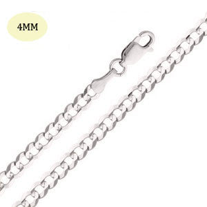 14K White Gold 100-4MM Cuban Curb Link Chain with Lobster Clasp Closure