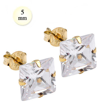 14K Yellow Gold Stud Earring Aprx 2 Carat Total Weight, 5mm Each Princess Cut Simulated Diamond Earring. Set on High Quality Stamping Setting & Friction Style Post