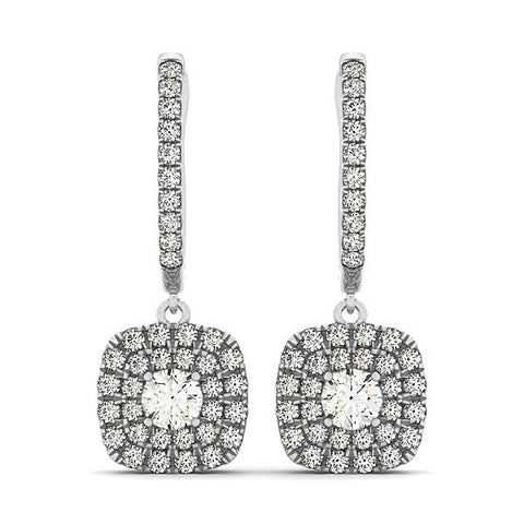 Double Halo Style Cushion Outer Shaped Diamond Drop Earrings in 14K White Gold (3/4 ct. tw.)