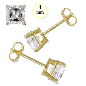 14K Yellow Gold Stud Earring Aprx 1 Carat Total Weight, 4mm Each Princess Cut Simulated Diamond Earring. Set on High Quality Prong Setting & Friction Style Post