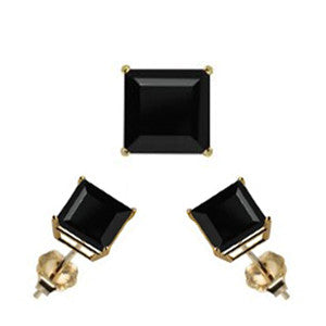 14K Yellow Gold Stud Earring Aprx 3 Carat Total Weight, 6mm Each Princess Cut Black Simulated Diamond Earring. Set on High Quality Prong Setting & Friction Style Post