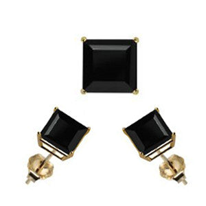 14K Yellow Gold Stud Earring Aprx 4 Carat Total Weight, 7mm Each Princess Cut Black Simulated Diamond Earring. Set on High Quality Prong Setting & Friction Style Post