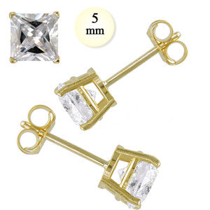 14K Yellow Gold Stud Earring Aprx 2 Carat Total Weight, 5mm Each Princess Cut Simulated Diamond Earring. Set on High Quality Prong Setting & Friction Style Post