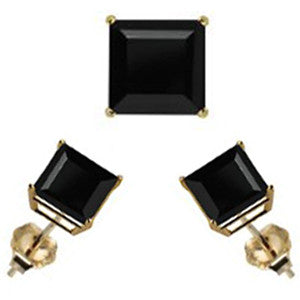 14K Yellow Gold Stud Earring Aprx 5 Carat Total Weight, 8mm Each Princess Cut Black Simulated Diamond Earring. Set on High Quality Prong Setting & Friction Style Post