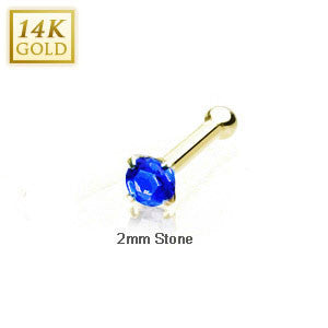 14 Karat Solid Yellow Gold 2mm Prong Blue Cz Nose Stud Ring, Thickness: 20 GA