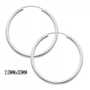14K White Gold 30 mm in Diameter Endless Hoop Earrings with 2.0 mm in Thickness