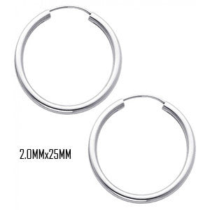 14K White Gold 25 mm in Diameter Endless Hoop Earrings with 2.0 mm in Thickness