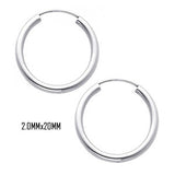 14K White Gold 20 mm in Diameter Endless Hoop Earrings with 2.0 mm in Thickness