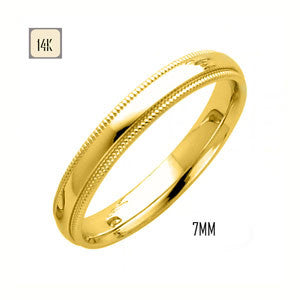 14K Yellow Gold 7MM Classic Comfort Fit Wedding Band with Milgrain Edging