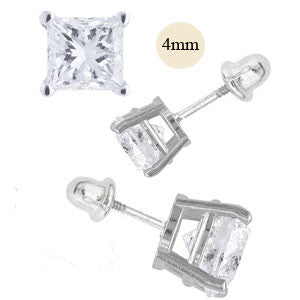 14K White Gold 4mm Princess Cut Simulated Diamond Stud Earring Set on High Quality Prong Setting, Screw Back Post
