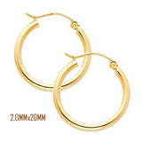 14K Yellow Gold 20 mm in Diameter Classic Hoop Earrings with 2.0 mm in Thickness and Snap Post Closure