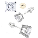 14K White Gold 5mm Princess Cut Simulated Diamond Stud Earring Set on High Quality Prong Setting, Screw Back Post