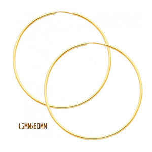 14K Yellow Gold 60 mm in Diameter Endless Hoop Earrings with 1.5 mm in Thickness