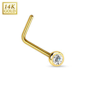 14K Solid Gold L Bend Nose Stud Ring with 2MM Bezel Set Clear CZ, Length 6MM Thickness: 20GA
