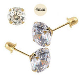 14K Yellow Gold 4mm Round Simulated Diamond Stud Earring Set on High Quality Stamping Setting, Screw Back Post