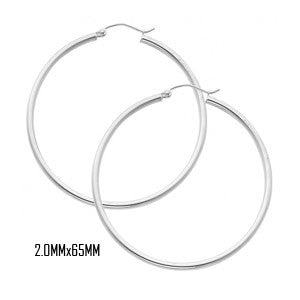 14K White Gold 65 mm in Diameter Classic Hoop Earrings with 2.0 mm in Thickness and Snap Post Closure