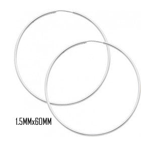 14K White Gold 60 mm in Diameter Endless Hoop Earrings with 1.5 mm in Thickness
