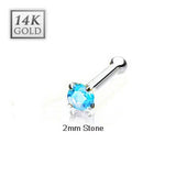 14 Karat Solid White Gold 2mm Prong Aqua Cz Nose Stud Ring, Thickness: 20 GA