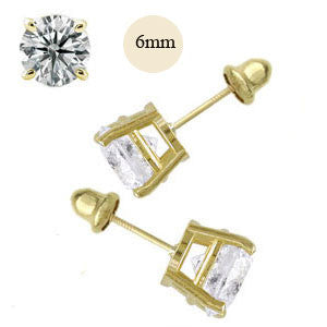 14K Yellow Gold 6mm Round Simulated Diamond Stud Earring Set on High Quality Prong Setting, Screw Back Post