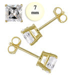 14K Yellow Gold Stud Earring Aprx 4 Carat Total Weight, 7mm Each Princess Cut Simulated Diamond Earring. Set on High Quality Prong Setting & Friction Style Post