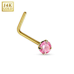 14K Solid Gold L Bend Nose Stud Ring with 2MM Prong Set Round Pink CZ, Length 6MM Thickness: 20GA