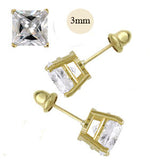 14K Yellow Gold 3mm Princess Cut Simulated Diamond Stud Earring Set on High Quality Prong Setting, Screw Back Post