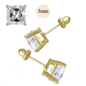 14K Yellow Gold 3mm Princess Cut Simulated Diamond Stud Earring Set on High Quality Prong Setting, Screw Back Post