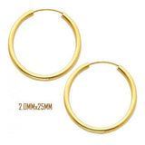 14K Yellow Gold 25 mm in Diameter Endless Hoop Earrings with 2.0 mm in Thickness