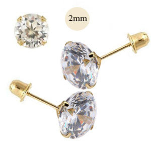 14K Yellow Gold 2mm Round Simulated Diamond Stud Earring Set on High Quality Stamping Setting, Screw Back Post