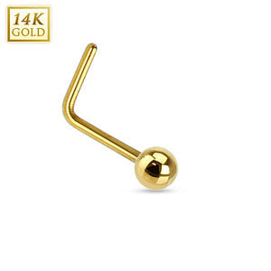 14K Solid Gold Fish L Bend Nose Stud Ring with 2MM Ball, Length 6MM, Thickness: 20GA