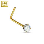 14K Solid Gold L Bend Nose Stud Ring with 2MM Prong Set Round Clear CZ, Length 6MM Thickness: 20GA