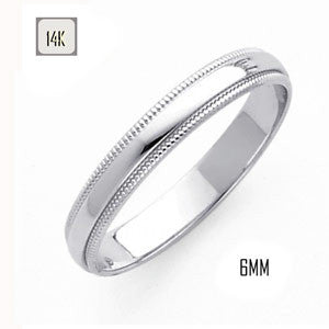 14K White Gold 6MM Traditional Classic Wedding Band with Milgrain Edging
