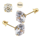 14K Yellow Gold 8mm Round Simulated Diamond Stud Earring Set on High Quality Stamping Setting, Screw Back Post