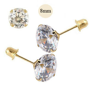 14K Yellow Gold 8mm Round Simulated Diamond Stud Earring Set on High Quality Stamping Setting, Screw Back Post
