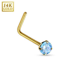 14K Solid Gold L Bend Nose Stud Ring with 2MM Prong Set Round Aqua CZ, Length 6MM Thickness: 20GA