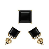 14K Yellow Gold Stud Earring Aprx 1 Carat Total Weight, 4mm Each Princess Cut Black Simulated Diamond Earring. Set on High Quality Prong Setting & Friction Style Post
