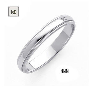 14K White Gold 8MM Traditional Classic Wedding Band with Milgrain Edging