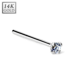 14K Solid White Gold Fish Tail Nose Stud Ring with 2MM Prong Set Clear CZ, Length 12MM Thickness: 20GA