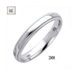14K White Gold 3MM Classic Comfort Fit Wedding Band with Milgrain Edging