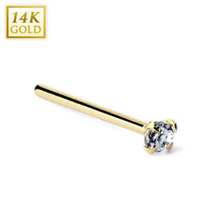 14K Solid Yellow Gold Fish Tail Nose Stud Ring with 2MM Prong Set Clear CZ, Length 12MM Thickness: 20GA