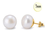14K Yellow Gold 7MM Elegant Freashwater Pearl Stud Earrings with Push Back Finding