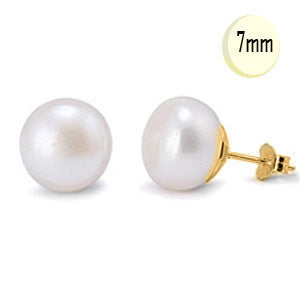 14K Yellow Gold 7MM Elegant Freashwater Pearl Stud Earrings with Push Back Finding