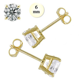14K Yellow Gold Stud Earring Aprx 1.5 Carat Total Weight, 6mm Each Round Simulated Diamond Earring. Set on High Quality Prong Setting & Friction Style Post