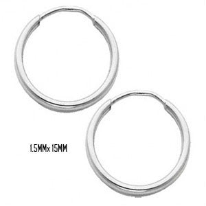14K White Gold 15 mm in Diameter Endless Hoop Earrings with 1.5 mm in Thickness