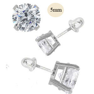 14K White Gold 5mm Round Simulated Diamond Stud Earring Set on High Quality Prong Setting, Screw Back Post