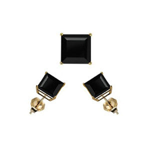 14K Yellow Gold Stud Earring Aprx 2 Carat Total Weight, 5mm Each Princess Cut Black Simulated Diamond Earring. Set on High Quality Prong Setting & Friction Style Post