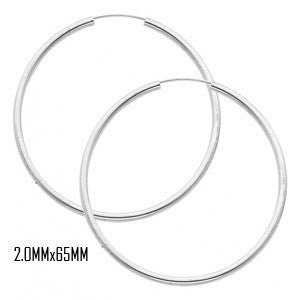 14K White Gold 65 mm in Diameter Endless Hoop Earrings with 2.0 mm in Thickness