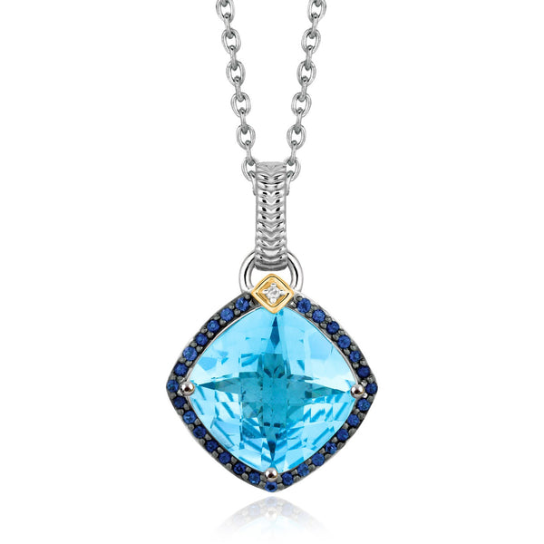 18K Yellow Gold and Sterling Silver Cushion Multi Gemstone and Diamond Pendant