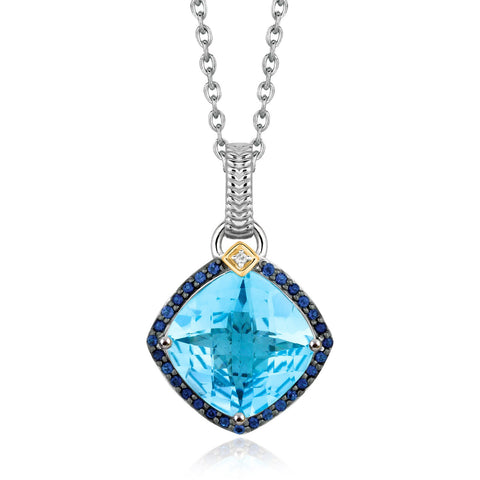 18K Yellow Gold and Sterling Silver Cushion Multi Gemstone and Diamond Pendant