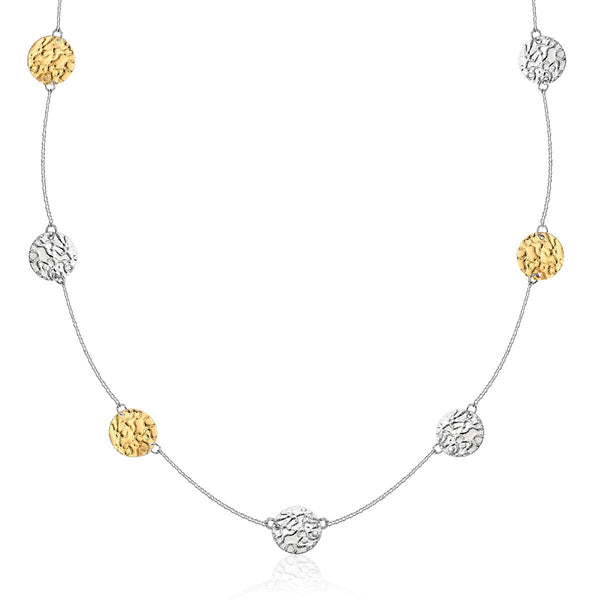 14K Yellow Gold & Sterling Silver 32 inches Reticulated Disc Station Necklace